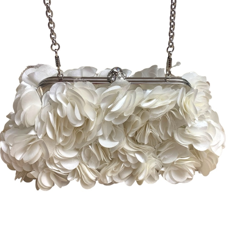 NWT Floral Satin White Appliqué Evening Clutch or Wedding Shoulder Chain Purse